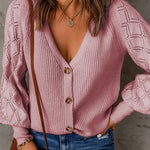 V Neck Long Sleeve Button Down Ribbed Sweatshirts Cardigan