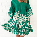 A-Line Flared Sleeves Flower Print Pleated Split-Joint V-Neck Mini Dresses