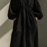 Women's Casual Black Cotton And Linen V-neck Loose Long-sleeved Maxi Dress