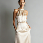 Women's Elegant Beige Satin Halter-neck Sleeveless Maxi Dress