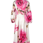 A-Line Long Sleeves Elasticity Flower Print Pleated Mock Neck Maxi Dresses