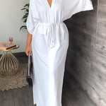 Loose Drawstring Solid Color Split-Side V-Neck Maxi Dresses