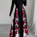 High Waisted Long Sleeves Contrast Color Flower Print Split-Joint Off-the-shoulder Maxi Dresses