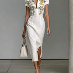 Women's Embroidered V-Neck Short Sleeve Waist Midi Dress