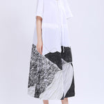 Loose Short Sleeves Contrast Color Drawstring Printed Tied Waist Lapel Midi Dresses Shirt Dress
