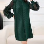 Long Sleeves Loose Embroidered Pleated Solid Color Round-Neck Midi Dresses