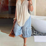Loose Wide Leg Pockets Split-Joint Denim Half Pants