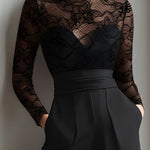 Black Lace Illusion Bodice Wide-Leg Evening Jumpsuit