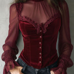 Gothic Lace Trim Black Velvet Corset Blouse With Sheer Sleeves