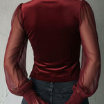 Gothic Lace Trim Black Velvet Corset Blouse With Sheer Sleeves