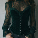 Gothic Lace Trim Black Velvet Corset Blouse With Sheer Sleeves