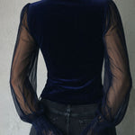 Gothic Lace Trim Black Velvet Corset Blouse With Sheer Sleeves
