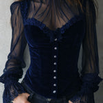 Gothic Lace Trim Black Velvet Corset Blouse With Sheer Sleeves