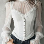 Gothic Lace Trim Black Velvet Corset Blouse With Sheer Sleeves