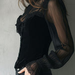 Gothic Lace Trim Black Velvet Corset Blouse With Sheer Sleeves