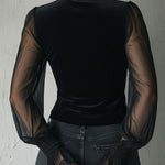 Gothic Lace Trim Black Velvet Corset Blouse With Sheer Sleeves