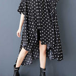 A-Line High-Low Asymmetric Buttoned Polka-Dot Lapel Midi Dresses Shirt Dress