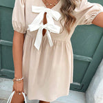 A-Line Loose Bowknot Elasticity Pleated Round-Neck Mini Dresses