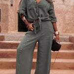 Solid Color Lapel Casual Button-down Shirt and Loose Pocket Slit Wide-leg Pants Set