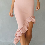 Quiet Luxury Blush Ribbed Knit Halter Midi Dress With Asymmetric Ruffled Hem