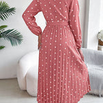 High Waisted Long Sleeves Pleated Polka Dot Tied Waist V-Neck Maxi Dresses Shirt Dress