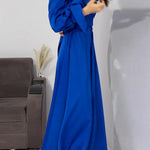 A-Line Long Sleeves Pleated Solid Color Tied Waist Zipper Mock Neck Maxi Dresses