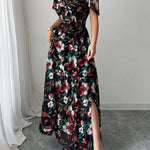 A-Line Loose Contrast Color Elasticity Flower Print Pleated V-Neck Maxi Dresses