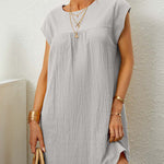 Cap Sleeve Loose Pleated Solid Color Round-Neck Mini Dresses