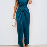 Bodycon High Waisted Elasticity Knot Solid Color Split-Front Split-Joint Zipper V-Neck Maxi Dresses