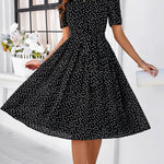 A-Line Elasticated Waist Contrast Color Polka Dot Split-Joint Tied Waist Round-Neck Midi Dresses