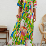 Elegant V-Neck Printed High Waist Loose Swing Dress