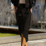 Work Style Lapel Long Sleeve Jacket and Button Belt Pocketed Slit Midi Skirt Set