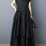 A-Line Loose Asymmetric Buttoned Pleated Spaghetti-Neck Maxi Dresses Suspender Dress