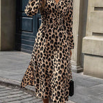 Elasticated Waist High Waisted Contrast Color Leopard Pleated Split-Joint V-Neck Maxi Dresses