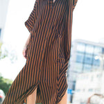 Batwing Sleeves Half Sleeves Buttoned Pockets Striped Round-Neck Beach Cover-Up Maxi Dresses