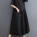 Loose Short Sleeves Pleated Solid Color Split-Joint V-Neck Midi Dresses