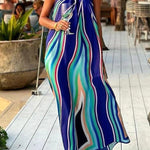 Phuket Dinner Colorful Wave Print Tassel Halter Maxi Dress