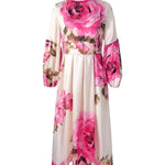 A-Line Long Sleeves Elasticity Flower Print Pleated Mock Neck Maxi Dresses