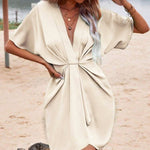 Loose Raglan Sleeve Pleated Solid Color Split-Joint Deep V-Neck Mini Dresses