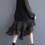 High-Low Long Sleeves Contrast Color Ruffle Trim Split-Joint Round-Neck Midi Dresses