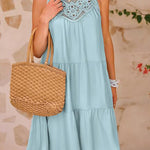 A-Line Loose Hollow Pleated Solid Color Split-Joint Round-Neck Mini Dresses