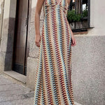 Margovil Halter V Neck Backless Color Block Crochet Maxi Dress