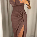 Margovil Off Shoulder High Slit Ruched Glitter Dress