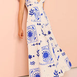 V Neck Puff Sleeves Resort Print A-line Maxi Dress