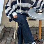 Margovil Lantern Sleeves Button Down Color Block Stripes Sweater with Scarf