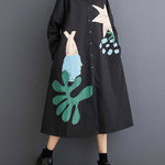 A-Line Long Sleeves Buttoned Pockets Printed Split-Joint Lapel Midi Dresses Shirt Dress