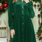 Green Long Sleeve Ruffle Velvet Button Up Shirt Dress