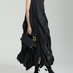 Loose Sleeveless Asymmetric Elasticity Pleated Solid Color Round-Neck Midi Dresses