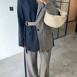 Nayla Plaid Contrast Color Belted Long Sleeve Lapel Blazer and Pocketed Wide Leg Pants Set
