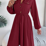 A-line Long Sleeves Buttoned Pleated Solid Color Tied Lapel Midi Dresses Shirt Dress